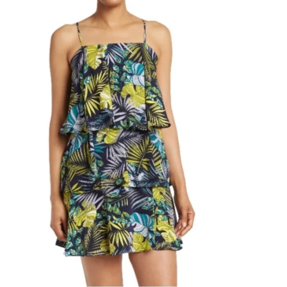 Sam Edelman Tiered Mini Dress Blue Green Palm Print